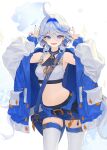  1girl :d absurdres alternate_costume armpits bag baggy_clothes belt blue_eyes blue_hair blue_hairband blue_jacket blue_nails blue_shorts collarbone cowboy_shot daeho_cha drop-shaped_pupils earrings furina_(genshin_impact) genshin_impact hair_between_eyes hairband heterochromia highres jacket jewelry light_blue_hair long_bangs long_hair looking_at_viewer mismatched_pupils multicolored_hair nail_polish navel open_clothes open_jacket oversized_clothes shorts shoulder_bag simple_background skindentation smile solo stomach streaked_hair thigh_belt thigh_strap thighhighs toenail_polish toenails v wavy_hair white_background white_thighhighs 