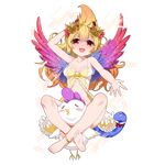  :d anklet arm_up babydoll barefoot bird blonde_hair character_request chicken feathers feet full_body gradient_hair hand_behind_head highres indian_style jewelry kusaka_souji leg_lock looking_at_viewer multicolored_hair official_art open_mouth orange_hair outstretched_arm outstretched_hand red_eyes sitting smile snake soles solo spaghetti_strap sparkle tail transparent_background uchi_no_hime-sama_ga_ichiban_kawaii wings 