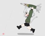  &gt;_&lt; 1girl animal_ear_fluff arms_up atamonica black_footwear black_shorts bomb cat_girl check_weapon closed_eyes explosive fang gbu-12_paveway_ii green_shirt grey_background grey_hair holding holding_bomb laser_pointer looking_to_the_side open_mouth original running shadow shirt shorts simple_background solo tail 