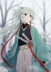  1girl blue_kimono bridal_gauntlets closed_mouth commentary_request fate/samurai_remnant fate_(series) floating_hair grey_hair highres japanese_clothes katana kimono long_hair looking_to_the_side ponytail snow snowing solo sword teramoto_kei very_long_hair weapon wide_sleeves yui_shousetsu_(fate) 