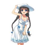  :d arm_up armpits bangs bare_shoulders black_hair blue_bow blue_eyes blunt_bangs blush book bow braid breasts center_frills cleavage collarbone dress eyebrows_visible_through_hair floral_print frilled_dress frills glasses hair_bow hand_on_headwear happy hat highres holding holding_book kusaka_souji large_breasts leaning_forward legs_together long_hair looking_at_viewer nail_polish official_art open_mouth pink_nails rimless_eyewear roomy_powan rose_print semi-rimless_eyewear sideboob smile solo spaghetti_strap sun_hat sundress thorn_print transparent_background twin_braids uchi_no_hime-sama_ga_ichiban_kawaii under-rim_eyewear very_long_hair white_dress white_hat 