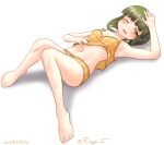  barefoot bob_cut breasts brown_eyes camisole collarbone green_hair kantai_collection looking_at_viewer lying one-hour_drawing_challenge one_eye_closed panties ray.s short_hair short_hair_with_long_locks simple_background small_breasts takanami_(kancolle) underwear underwear_only white_background yellow_camisole yellow_panties 