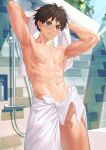  1boy abs black_hair blush closed_mouth day erection highres holding holding_towel male_focus navel nayoshi_(r-744) nipples original outdoors paid_reward_available penis short_hair sky solo testicles toned toned_male towel towel_around_waist 