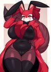 anthro big_breasts blush breasts bunny_costume camel_toe canid canine clothed clothing costume curvy_figure delphox fake_ears fake_rabbit_ears female fur generation_6_pokemon genitals hi_res huge_breasts legwear mammal nintendo pokemon pokemon_(species) pussy simple_background smile solo tailzkim thick_thighs voluptuous wide_hips
