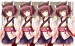  1girl ^_^ animal_ears blue_hakama blue_skirt border brown_background brown_cat brown_hair cat_ears clenched_hand closed_eyes closed_mouth commentary_request cowboy_shot frown hakama hakama_short_skirt hakama_skirt japanese_clothes kimono light_blush long_sleeves obi outside_border parted_lips purple_ribbon raised_eyebrows red_eyes red_sash ribbon sash shiroino_(shirayuki_mutsuki) short_hair short_kimono skirt sleeves_past_wrists tachi-e touhoku_kiritan variations voiceroid waist_ribbon white_border white_kimono white_sleeves wide_sleeves yukata 