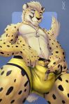 anthro boxer_briefs boxers_(clothing) bulge cheetah clothing domestic_cat felid feline felis hi_res macro male male/male mammal micro selreini_(character) solo underwear