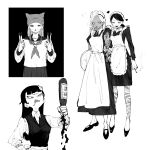  4girls absurdres alternate_costume angry animal_ear_headwear apron arm_hug arm_tattoo bartender beanie bear_hair_ornament between_fingers bleeding blood bottle bruise bruise_on_face bruised_eye cigarette claire_(jimoto_saikou) collage collared_shirt crossdressing dark-skinned_female dark_skin double_v dress dress_shirt empty_eyes enmaided expressionless fingernails frilled_apron frills furrowed_brow glaring greyscale gyaru_v hair_behind_ear hair_ornament hand_on_own_hip hands_up hat heart high_heels highres holding holding_bottle holding_cigarette holding_tray injury irezumi jewelry jimoto_saikou kitty_(jimoto_saikou) koharu_(jimoto_saikou) leg_tattoo long_fingernails long_hair long_sleeves looking_down low_ponytail maid maid_apron maid_headdress monochrome mouth_hold multiple_girls neckerchief necklace nosebleed oniku_(oyano_tataki) pleated_skirt pouring raised_eyebrows school_uniform scowl serafuku shirt shizuka_(jimoto_saikou) shoes short_dress simple_background skirt sleeves_rolled_up smile smoke_trail smoking swept_bangs tattoo tray tsurime uneven_eyes v vest wine_bottle 