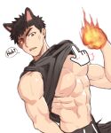 1boy abs anger_vein animal_ears bara bare_pectorals black_hair blackkdogg clenched_hand eyebrow_cut fire large_pectorals male_focus muscular muscular_male original pectorals red_eyes simple_background thick_eyebrows white_background 