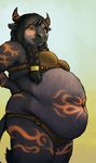  amber_eyes anthro bovine braided_hair clothing dawnsky female fur hair horn mammal markings navel obese overweight pinup pose slightly_chubby solo sugarboy tattoo tauren underwear video_games warcraft 