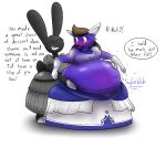 2021 3_toes 4_fingers ?! anthro armwear ball_gown barefoot belly belly_inflation big_belly big_breasts biped black_body black_ears black_fur black_tail black_text blue_body blue_fur blue_text blueberry_inflation breasts brown_hair canid canine canis celeste_(someguy7733) cheek_tuft clothed clothed_anthro clothed_female clothing dialogue digital_drawing_(artwork) digital_media_(artwork) dress elbow_gloves english_text exclamation_point expansion eyelashes eyes_closed facial_tuft feet female female_anthro fingers flustered front_view fur gloves grey_clothing grey_dress hair handwear inflation inkblot inky_(thatoneaceguy) lagomorph leporid liquid_inflation long_hair mammal name_in_dialogue nickname open_mouth open_smile overweight overweight_anthro overweight_female purple_clothing purple_dress purple_eyes question_mark rabbit scut_tail short_tail smile snowflake solo speech_bubble standing stuttering tail talking_to_another text thatoneaceguy toeless_(marking) toes tongue toony tuft underline white_body white_clothing white_dress white_ears white_fur white_gloves white_handwear white_inner_ear white_mouth white_toes white_tongue wolf
