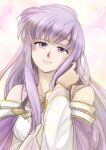  1girl arm_up bare_shoulders circlet dress fire_emblem fire_emblem:_genealogy_of_the_holy_war highres julia_(fire_emblem) long_hair looking_at_viewer purple_eyes purple_hair simple_background smile solo wide_sleeves yuki_cryp_a 