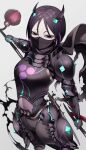  1girl absurdres armor black_armor black_bodysuit black_eyes bodysuit dou fate/grand_order fate/samurai_remnant fate_(series) grey_background highres japanese_armor katana kishimen_hair looking_at_viewer mask mouth_mask neon_trim purple_hair rider_(fate/samurai_remnant) short_hair sideless_dress simple_background solo sumi_(gfgf_045) sword weapon 