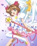  1girl absurdres brown_hair cardcaptor_sakura dress green_eyes highres holding holding_wand kero kinomoto_sakura looking_at_viewer magical_girl official_art open_mouth pink_footwear short_hair single_thighhigh smile star_(symbol) tail thighhighs wand white_dress white_thighhighs wings 