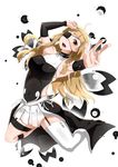  armpits asymmetrical_legwear blonde_hair brown_eyes character_request covered_navel detached_sleeves earrings eyepatch garter_straps highres jewelry long_hair murabito_c pleated_skirt simple_background skirt solo thighhighs white_background white_legwear white_skirt 
