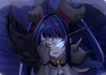  1girl akizora_(aki_precure) armor black_wings blue_eyes blue_hair brooch commentary_request cure_sky cut_bangs dark_persona feathered_wings fingerless_gloves frown gloves glowing glowing_eye grey_gloves hand_over_eye highres hirogaru_sky!_precure jewelry leaning_forward long_hair looking_at_viewer magical_girl multicolored_hair open_mouth pauldrons precure red_hair shoulder_armor single_pauldron single_wing solo sora_harewataru spiked_pauldrons streaked_hair sweat twintails wing_brooch wing_hair_ornament wings 