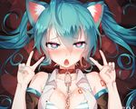  animal_ears aqua_eyes aqua_hair bai_yemeng breasts choker cleavage cropped hatsune_miku long_hair open_shirt tattoo tears twintails vocaloid waifu2x 