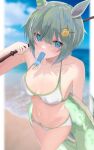  1girl absurdres alternate_costume animal_ears bare_shoulders beach bikini blue_eyes blue_sky blurry blurry_background border breasts commentary_request ear_covers feet_out_of_frame food_in_mouth grey_hair hair_between_eyes highres holding holding_swim_ring horse_ears horse_girl horse_tail innertube kirameki_(rikukaikuu) looking_at_viewer navel ocean outdoors popsicle_in_mouth sand seiun_sky_(umamusume) short_hair single_ear_cover sky small_breasts solo swim_ring swimsuit tail umamusume water white_bikini white_border 