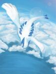  above_clouds animal_focus black_eyes blue_background blue_sky blue_theme butter_(oshi8kyoumoh) cloud commentary_request day flying from_above full_body highres lens_flare lugia monochrome no_humans outdoors partial_commentary pokemon pokemon_(creature) sky solo 