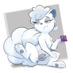 anus blue_eyes condom female feral genitals hi_res holding_condom holding_object honeymono looking_away multi_nipple nintendo nipples pokemon pokemon_(species) pussy raised_tail sexual_barrier_device solo spread_legs spreading tail white_body