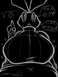 anthro belly big_breasts breasts female hi_res japanese_text kochapatsu lagomorph leporid looking_at_viewer mammal monochrome navel rabbit solo speech_bubble tagme talking_to_viewer text translation_request vib-ribbon vibri