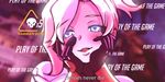  black_gloves blonde_hair blue_eyes blush bodysuit close-up eyebrows eyebrows_visible_through_hair eyelashes face gameplay_mechanics gloves hands_on_own_cheeks hands_on_own_face high_collar kyoute long_sleeves looking_at_viewer mercy_(overwatch) mirai_nikki open_mouth overwatch parody play_of_the_game ponytail solo teeth turtleneck yandere yandere_trance 