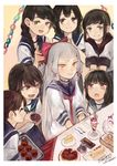  6+girls absurdres aika_warazu alternate_hair_ornament artist_name birthday birthday_party black_hair bow braid brown_eyes cake creamer_(vessel) cup cupcake dated drill_hair food fork fubuki_(kantai_collection) green_eyes grin hair_bow hatsuyuki_(kantai_collection) highres isonami_(kantai_collection) kantai_collection long_hair miyuki_(kantai_collection) multiple_girls murakumo_(kantai_collection) parfait party_popper red_eyes remodel_(kantai_collection) school_uniform serafuku shirayuki_(kantai_collection) short_hair silver_hair smile spoon teacup twin_drills uranami_(kantai_collection) yellow_eyes 