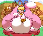 absurd_res bell bell_collar big_breasts big_diaper blonde_hair blort blue_earrings blue_eyes blush breasts cat_peach cat_suit_(mario) clothing coin collar crown diaper feces hair hands_out headgear hi_res hyper mario_bros messy_diaper nintendo one_eye_closed open_mouth paws pooping princess_peach rosycozy sitting sitting_on_ground soiling solo sound_effects tail thick_tail underwear