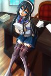  black_hair boots chair desk firolat glasses hip_vent holding holding_paper kantai_collection leaning_on_object office_chair ooyodo_(kantai_collection) open_mouth paper papers pleated_skirt school_uniform serafuku skirt solo thighhighs window wooden_floor zettai_ryouiki 