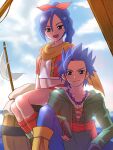  1boy 1girl barrel blue_eyes blue_hair braid braided_ponytail camus_(dq11) closed_mouth cloud dragon_quest dragon_quest_xi earrings fingerless_gloves gloves hair_ribbon jewelry long_hair looking_at_viewer maya_(dq11) necklace open_mouth red_vest ribbon scarf shorts single_braid smile syanathena vest 