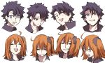  1boy 1girl :d ahoge angry black_hair black_scrunchie blue_eyes clenched_teeth closed_eyes closed_mouth depressed expressions fate/grand_order fate_(series) fujimaru_ritsuka_(female) fujimaru_ritsuka_(male) hair_ornament hair_scrunchie happy looking_at_viewer metarogu multiple_views one_side_up open_mouth orange_hair portrait pout scrunchie short_hair simple_background smile smug teeth upper_teeth_only white_background yellow_eyes 