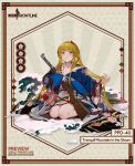  1girl bare_legs barefoot blonde_hair blue_eyes blue_kimono blunt_bangs blush braid branch character_name closed_mouth commentary copyright_name english_commentary floral_print floral_print_kimono foliage frown full_body girls&#039;_frontline gun highres holding holding_gun holding_weapon japanese_clothes kimono long_hair long_sleeves looking_at_viewer official_alternate_costume official_art ppd-40 ppd-40_(girls&#039;_frontline) ppd-40_(tranquil_mountain_in_the_gloom)_(girls&#039;_frontline) print_kimono second-party_source shuaigegentou sitting sleeves_past_wrists snow solo torn_clothes torn_kimono twin_braids very_long_hair wariza weapon wide_sleeves 