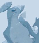  animal_focus blue_background blue_theme butter_(oshi8kyoumoh) closed_mouth collarbone commentary_request fangs fangs_out garchomp highres looking_up monochrome no_humans pokemon pokemon_(creature) simple_background solo spikes standing upper_body 