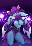 2024 aeliana_(artist) anthro blush breasts clothed clothing eyelashes felid feline female front_view fur hat headgear headwear hi_res katress magic magic_user mammal nipples pal_(species) palworld partially_clothed pseudo_clothing simple_background solo witch_hat