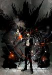  1girl ahoge black_hair black_neckwear danganronpa danganronpa_3 enoshima_junko fading formal glowing glowing_eyes kamukura_izuru laughing long_hair necktie silhouette sitting standing suit youko-shima 