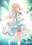  1girl angel_wings bare_arms bare_legs bare_shoulders barefoot blonde_hair blue_eyes blurry blurry_foreground commentary_request dress earrings from_behind highres jewelry long_hair looking_at_viewer looking_back noele_(toosaka_asagi) open_mouth original outdoors skirt_hold sleeveless sleeveless_dress smile solo standing standing_on_one_leg sundress toosaka_asagi water white_dress white_wings wings 