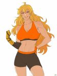  1girl abs ahoge black_shorts breasts cleavage fingerless_gloves gloves highres large_breasts long_hair mechanical_arms midriff muscular navel orange_gloves orange_sports_bra rwby shorts signature single_fingerless_glove single_mechanical_arm solo sports_bra white_background yang_xiao_long yellow_nicky 