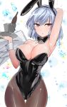  1girl alcohol animal_ears armpits bare_arms bare_shoulders blush bow bowtie breasts cameltoe cleavage highres kishin_sagume lips looking_at_viewer one-hour_drawing_challenge pantyhose playboy_bunny rabbit_ears shiny_skin single_wing solo thighs touhou white_hair wings y2 