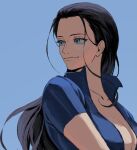  1girl black_hair blue_background blue_eyes blue_jacket english_commentary jacket long_hair looking_back loose_hair_strand nico_robin one_piece simple_background smile tsumoos unfinished upper_body 