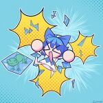  &gt;_&lt; 1girl artist_name blue_bow blue_dress blue_hair bow chibi cirno commentary dress english_commentary eosd2002 frog frozen_frog hair_bow halftone halftone_background highres ice ice_wings open_mouth signature smile solo touhou wings 