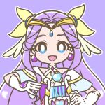  1girl blue_eyes blush bright_pupils choker circlet criss-cross_halter cure_earth dress earrings elbow_gloves eyelashes fuurin_asumi gloves hair_ornament halterneck healin&#039;_good_precure heart highres jewelry long_hair looking_at_viewer lyre magical_girl mayena open_mouth outline precure purple_background purple_dress purple_hair signature simple_background smile solo upper_body white_gloves white_outline white_pupils wings 