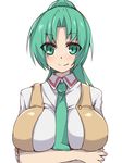  between_breasts blush breast_hold breasts brll crossed_arms green_eyes green_hair higurashi_no_naku_koro_ni large_breasts long_hair looking_at_viewer necktie necktie_between_breasts ponytail smile solo sonozaki_mion upper_body vest 