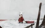  1girl animal animal_ears blush braid brown_footwear child coat commentary day grey_hair highres nose_blush original outdoors rabbit_ears red_coat red_eyes shirokujira simple_bird sled snow solo standing white_rabbit_(animal) wide_shot winter winter_clothes winter_coat 