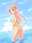  1girl ahoge ass backless_swimsuit bare_arms bare_legs bare_shoulders blue_sky blush breasts brown_eyes cloud commentary day earrings flower flower_earrings frilled_one-piece_swimsuit frills from_behind hair_between_eyes hair_flower hair_ornament hands_on_own_hips highres jewelry long_hair looking_at_viewer looking_back one-piece_swimsuit onii-chan_wa_oshimai! outdoors oyama_mahiro pink_hair sky small_breasts smile solo swimsuit unkimo wading water yellow_one-piece_swimsuit 