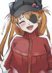  1girl alclskii artist_name black_headwear eyepatch facing_viewer hands_in_pockets highres long_hair neon_genesis_evangelion open_mouth rebuild_of_evangelion red_hair simple_background smile solo souryuu_asuka_langley turtleneck white_background 
