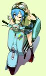  1girl adjusting_eyewear arm_up aviator_cap black_socks blue_eyes blue_hair blue_skirt dorothy_west enouchi_ai from_above full_body goggles goggles_on_headwear group_name highres kneehighs looking_to_the_side motor_vehicle on_scooter one_eye_closed paprika_private_academy_school_uniform pretty_series pripara school_uniform scooter shoes short_hair sitting skirt socks solo sticker vest yellow_vest 