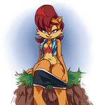  2016 anthro big_breasts blue_eyes breasts chipmunk clothing erect_nipples female hair looking_at_viewer mammal navel nipple_bulge nipples plagueofgripes red_hair rodent sally_acorn smile solo sonic_(series) undressing 