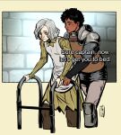  2boys armor armored_boots black_eyes black_hair blue_eyes boots dark-skinned_male dark_skin dungeon_meshi elf grey_hair kabru lazy_eye leather_armor meme mithrun multiple_boys pointy_ears short_hair shoulder_armor sure_grandma_let&#039;s_get_you_to_bed_(meme) tagme tench 