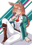  1girl absurdres animal_ears boots brown_hair closed_mouth collared_shirt commentary_request foot_out_of_frame glass glasses green_jacket grey_eyes grey_pants high_heel_boots high_heels highres hitokiwa_kenchin horse_ears horse_girl ikuno_dictus_(umamusume) jacket knee_up long_hair long_sleeves looking_at_viewer multicolored_background necktie open_clothes open_jacket pants red_necktie round_eyewear shadow shirt sitting solo thigh_boots umamusume vest 