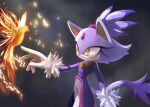  1girl animal_ears bird blaze_the_cat cat_ears cat_girl cat_tail fire forehead_jewel fur-trimmed_gloves fur_trim furry furry_female gloves gold_necklace highres jacket jewelry necklace neo_(blazykun) pants ponytail purple_fur purple_jacket sonic_(series) tail white_gloves white_pants yellow_eyes 