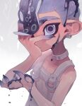  1boy agent_8_(splatoon) bodysuit closed_mouth collarbone commentary_request earrings gelatin grey_background grey_eyes grey_hair highres hoop_earrings jewelry male_focus octoling octoling_boy octoling_player_character short_hair sleeveless sleeveless_bodysuit solo splatoon_(series) splatoon_3 splatoon_3:_side_order suke_81 tentacle_hair thick_eyebrows white_bodysuit 